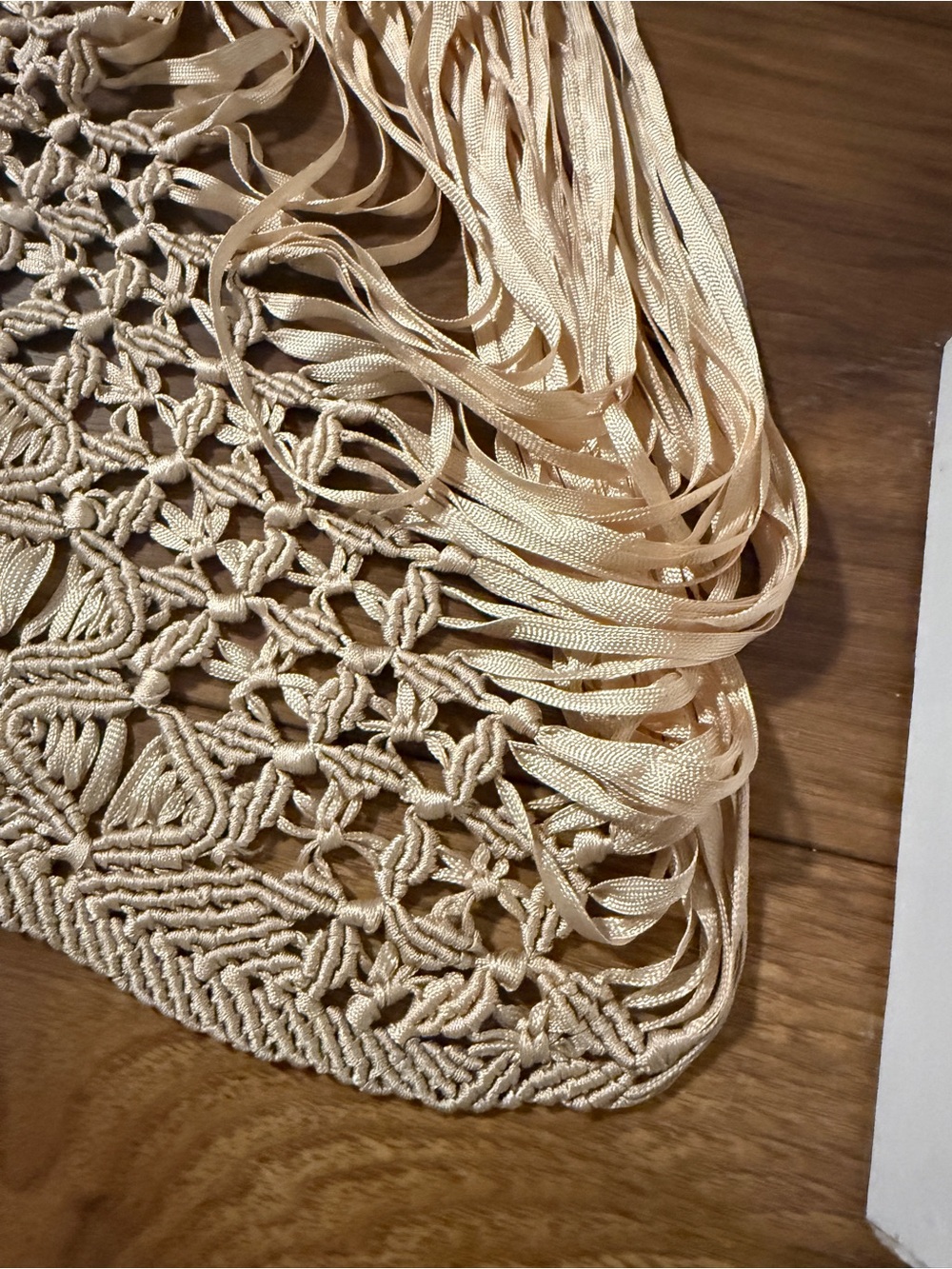 Hand-Knotted Macramé Fringe Triangle Shawl Wrap – Boho Festival Beige/Cream - Picture 5 of 10
